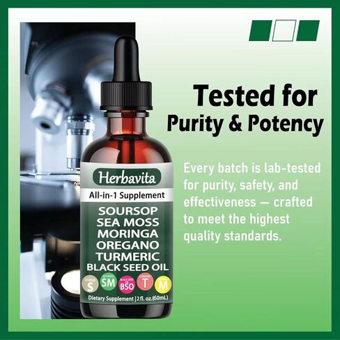 Herbavita Soursop Liquid Drops 10 in 1 with Sea Moss, Moringa, Turmeric, Black Seed Oil and Other Plant Elements– Vegan, Non-GMO Immune & Energy Support – 2 fl oz (1pc) in Saudi Arabia
