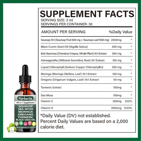 Herbavita Soursop Liquid Drops 10 in 1 with Sea Moss, Moringa, Turmeric, Black Seed Oil and Other Plant Elements– Vegan, Non-GMO Immune & Energy Support – 2 fl oz (1pc) in Saudi Arabia
