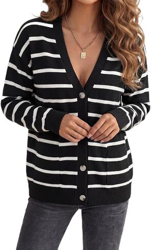 Vrtige Women's Casual Striped Button Open Front V Neck Long Sleeve Knit Lightweight Cardigan Sweater in Kuwait