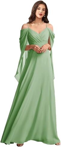 WVCCGK Chiffon Cold Shoulder Bridesmaid Dress Spaghetti Straps Cape Sleeve Long Wedding Guest Dresses DD03 in Saudi Arabia