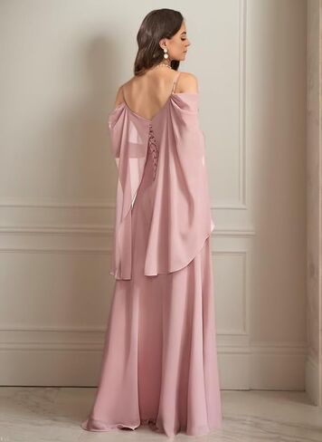WVCCGK Chiffon Cold Shoulder Bridesmaid Dress Spaghetti Straps Cape Sleeve Long Wedding Guest Dresses DD03 in Saudi Arabia