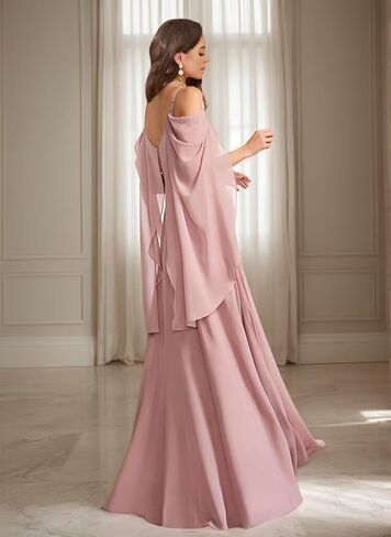 WVCCGK Chiffon Cold Shoulder Bridesmaid Dress Spaghetti Straps Cape Sleeve Long Wedding Guest Dresses DD03 in Saudi Arabia