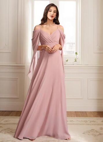 WVCCGK Chiffon Cold Shoulder Bridesmaid Dress Spaghetti Straps Cape Sleeve Long Wedding Guest Dresses DD03 in Saudi Arabia