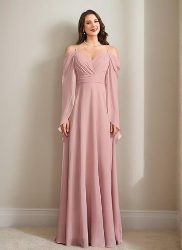 WVCCGK Chiffon Cold Shoulder Bridesmaid Dress Spaghetti Straps Cape Sleeve Long Wedding Guest Dresses DD03 in Saudi Arabia