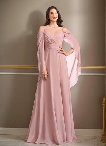 WVCCGK Chiffon Cold Shoulder Bridesmaid Dress Spaghetti Straps Cape Sleeve Long Wedding Guest Dresses DD03 in Saudi Arabia