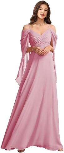WVCCGK Chiffon Cold Shoulder Bridesmaid Dress Spaghetti Straps Cape Sleeve Long Wedding Guest Dresses DD03 in Saudi Arabia