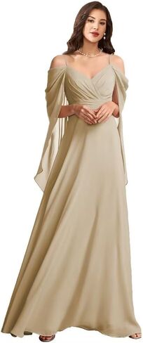 WVCCGK Chiffon Cold Shoulder Bridesmaid Dress Spaghetti Straps Cape Sleeve Long Wedding Guest Dresses DD03 in Saudi Arabia