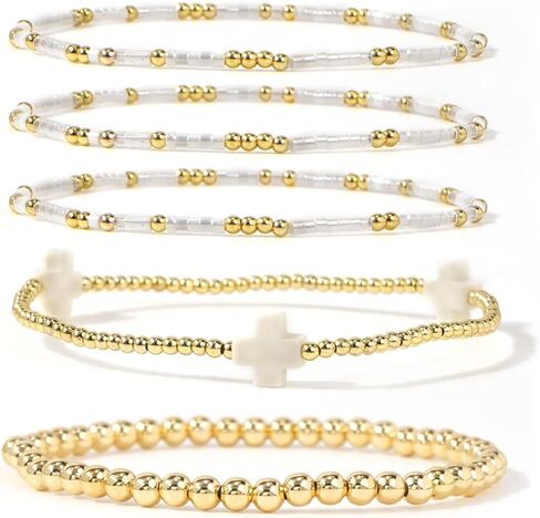 Bohxantium 14K Gold Cross Bracelets for Women Colorful Boho Stretch Stackable Seed Bead Beads Ball Gold Bracelet Stack Non Tarnish Dainty Christian Jewelry Set Accessories Trendy Gift in Saudi Arabia