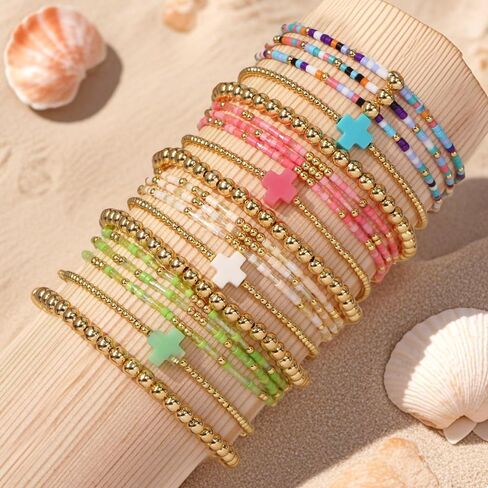 Bohxantium 14K Gold Cross Bracelets for Women Colorful Boho Stretch Stackable Seed Bead Beads Ball Gold Bracelet Stack Non Tarnish Dainty Christian Jewelry Set Accessories Trendy Gift in Saudi Arabia