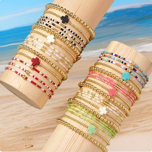 Bohxantium 14K Gold Cross Bracelets for Women Colorful Boho Stretch Stackable Seed Bead Beads Ball Gold Bracelet Stack Non Tarnish Dainty Christian Jewelry Set Accessories Trendy Gift in Saudi Arabia