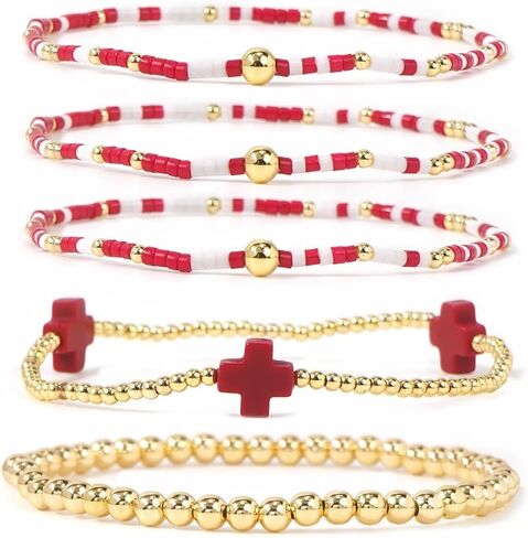 Bohxantium 14K Gold Cross Bracelets for Women Colorful Boho Stretch Stackable Seed Bead Beads Ball Gold Bracelet Stack Non Tarnish Dainty Christian Jewelry Set Accessories Trendy Gift in Saudi Arabia