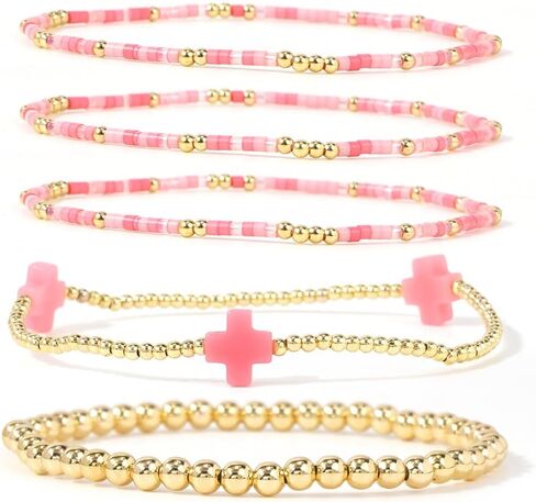 Bohxantium 14K Gold Cross Bracelets for Women Colorful Boho Stretch Stackable Seed Bead Beads Ball Gold Bracelet Stack Non Tarnish Dainty Christian Jewelry Set Accessories Trendy Gift in Saudi Arabia