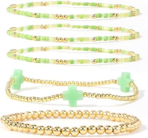 Bohxantium 14K Gold Cross Bracelets for Women Colorful Boho Stretch Stackable Seed Bead Beads Ball Gold Bracelet Stack Non Tarnish Dainty Christian Jewelry Set Accessories Trendy Gift in Saudi Arabia