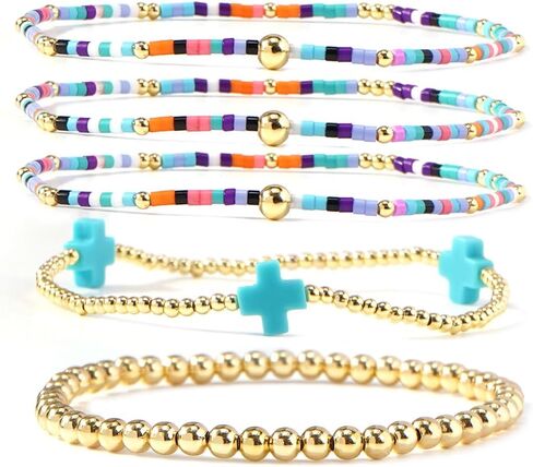 Bohxantium 14K Gold Cross Bracelets for Women Colorful Boho Stretch Stackable Seed Bead Beads Ball Gold Bracelet Stack Non Tarnish Dainty Christian Jewelry Set Accessories Trendy Gift in Saudi Arabia