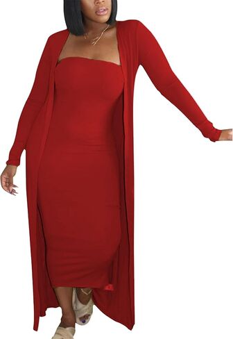 OMZIN Women's Maxi Dress Set for Women 2 Piece Cardigan Set Chic Sexy Long Sleeve Curvy Dress in Saudi Arabia