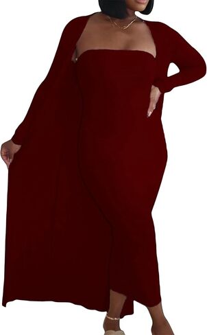 OMZIN Women's Maxi Dress Set for Women 2 Piece Cardigan Set Chic Sexy Long Sleeve Curvy Dress in Saudi Arabia