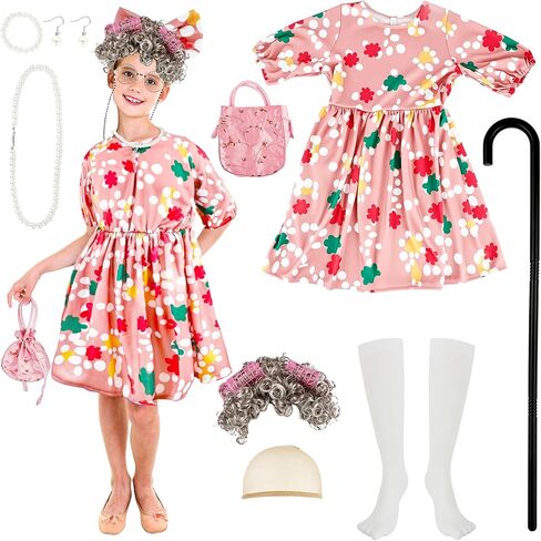 Puteraya 16 Pcs Girls Old Lady Costume 100 Days of School Costume Grandma Dress Up Outfit for Kid Halloween Cosplay Party in Saudi Arabia