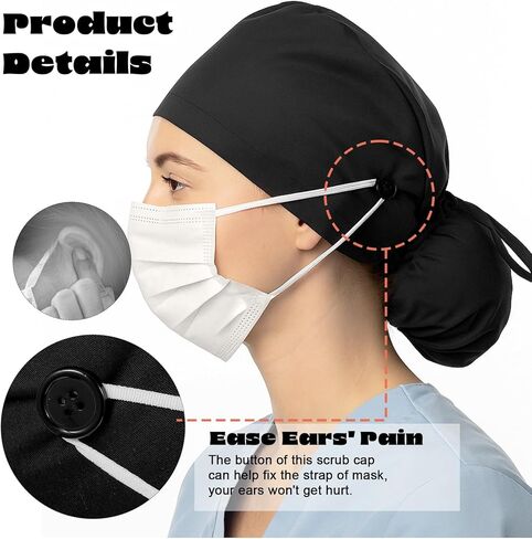 Gjinxi Scrub Caps Women Satin Lined Adjustable Surgical Caps for Women Working Cap with Button Scrub Cap Ponytail Cotton Nurse Hat with Ponytail Holder, Moisture Wicking Sweatband, One Size, Black in Saudi Arabia