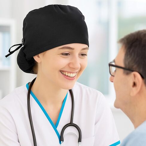 Gjinxi Scrub Caps Women Satin Lined Adjustable Surgical Caps for Women Working Cap with Button Scrub Cap Ponytail Cotton Nurse Hat with Ponytail Holder, Moisture Wicking Sweatband, One Size, Black in Saudi Arabia