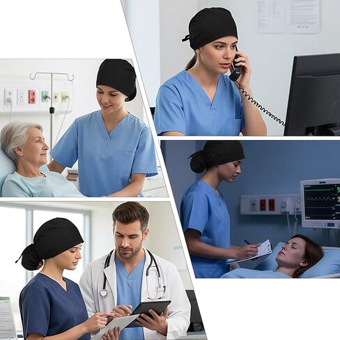 Gjinxi Scrub Caps Women Satin Lined Adjustable Surgical Caps for Women Working Cap with Button Scrub Cap Ponytail Cotton Nurse Hat with Ponytail Holder, Moisture Wicking Sweatband, One Size, Black in Saudi Arabia