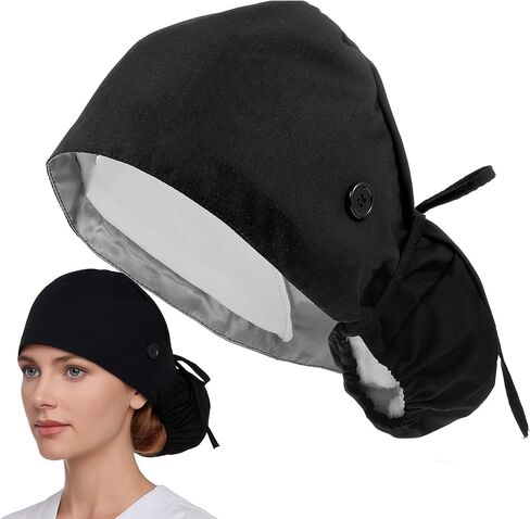 Gjinxi Scrub Caps Women Satin Lined Adjustable Surgical Caps for Women Working Cap with Button Scrub Cap Ponytail Cotton Nurse Hat with Ponytail Holder, Moisture Wicking Sweatband, One Size, Black in Saudi Arabia