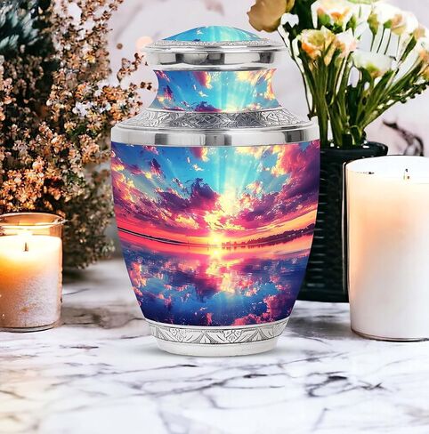 SUBSH Sunset Reflection Over Water - Adult Cremation Urn - Combo Of 1 Large Urn With Velvet Bag And 4 Small - Human Urns For Mom And Dad - Metal Urn - Minimalist Urns - Memorial Urn - Funeral Ash Urns in Saudi Arabia
