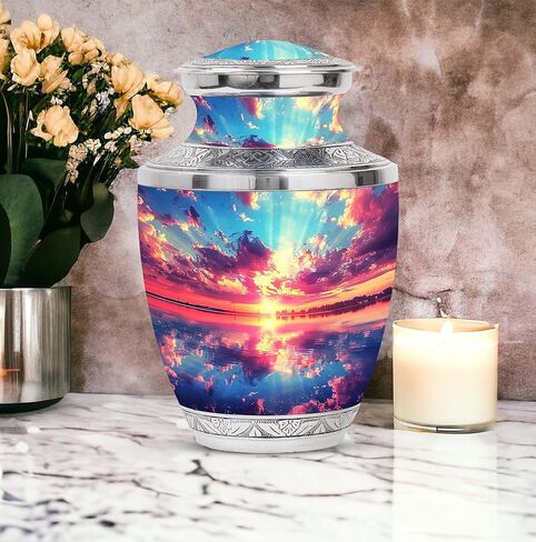 SUBSH Sunset Reflection Over Water - Adult Cremation Urn - Combo Of 1 Large Urn With Velvet Bag And 4 Small - Human Urns For Mom And Dad - Metal Urn - Minimalist Urns - Memorial Urn - Funeral Ash Urns in Saudi Arabia