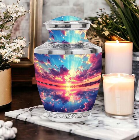 SUBSH Sunset Reflection Over Water - Adult Cremation Urn - Combo Of 1 Large Urn With Velvet Bag And 4 Small - Human Urns For Mom And Dad - Metal Urn - Minimalist Urns - Memorial Urn - Funeral Ash Urns in Saudi Arabia