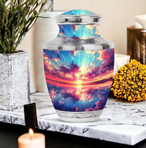 SUBSH Sunset Reflection Over Water - Adult Cremation Urn - Combo Of 1 Large Urn With Velvet Bag And 4 Small - Human Urns For Mom And Dad - Metal Urn - Minimalist Urns - Memorial Urn - Funeral Ash Urns in Saudi Arabia