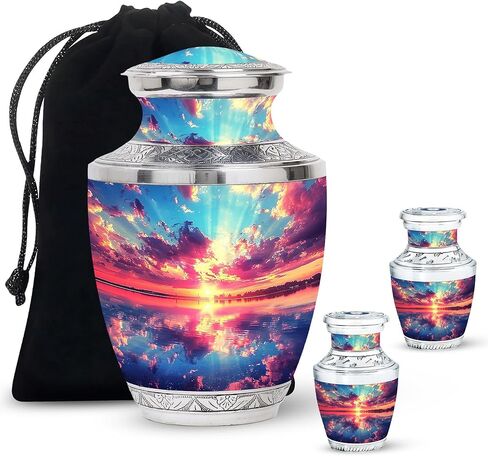 SUBSH Sunset Reflection Over Water - Adult Cremation Urn - Combo Of 1 Large Urn With Velvet Bag And 4 Small - Human Urns For Mom And Dad - Metal Urn - Minimalist Urns - Memorial Urn - Funeral Ash Urns in Saudi Arabia