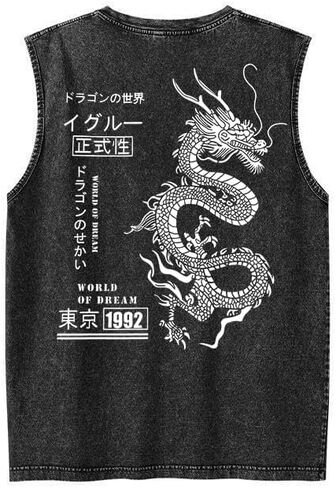 قمصان UOUA الرجالية بدون أكمام مغسولة بدون أكمام تي شيرت صيفي عتيق من القطن ملابس الشارع (S-2XL) in Kuwait