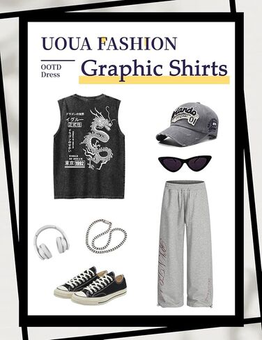 UOUA Men's Graphic Tank Tops Washed Sleeveless Tee Shirts Summer Vintage Cotton Streetwear (S-2XL) in Saudi Arabia