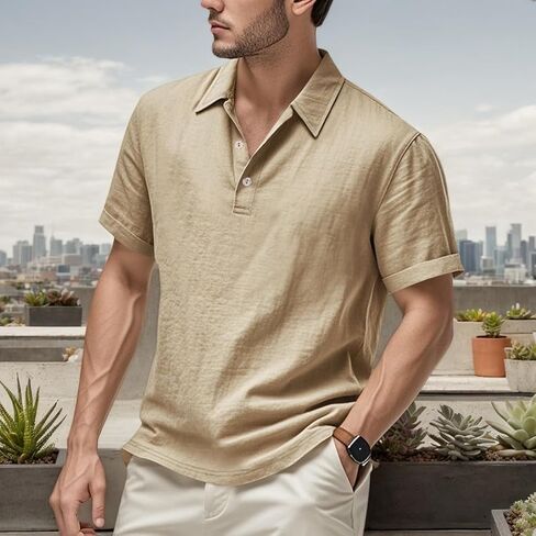 Men's Linen Shirt Short Sleeve Lapel Button Down Polo Shirt Lightweight Breathable Summer Beach Vacation Shirt in Saudi Arabia