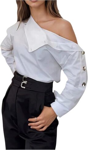 بلوزة نسائية من MakeMeChic برقبة غير متماثلة وأزرار وأكمام طويلة وقمصان عمل أنيقة in Kuwait