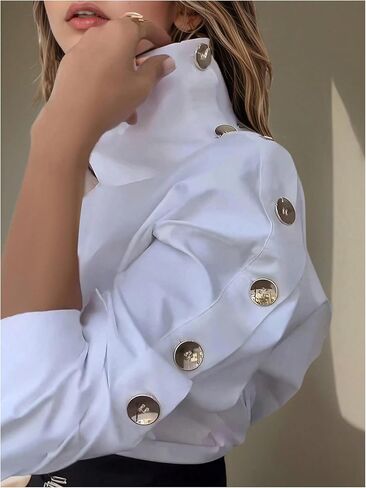 بلوزة نسائية من MakeMeChic برقبة غير متماثلة وأزرار وأكمام طويلة وقمصان عمل أنيقة in Kuwait