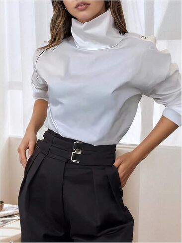 بلوزة نسائية من MakeMeChic برقبة غير متماثلة وأزرار وأكمام طويلة وقمصان عمل أنيقة in Kuwait