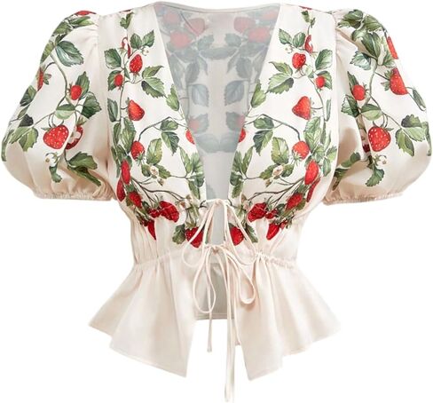 بلوزة SweatyRocks النسائية ذات ربطة عنق أمامية من Peplum بأكمام منتفخة وقمصان صيفية للعطلات in Kuwait