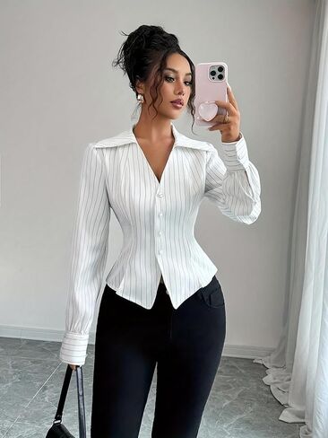 Womens Spring Fall Elegant Striped Fit Blouse Long Sleeve Shirt for Commuting Button Down Casual Top in Saudi Arabia