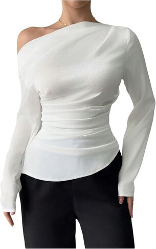 SHENHE Women's Off Shoulder Long Sleeve Blouse Dressy Going Out Asymmetrical Ruched Top in Saudi Arabia