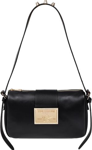 حقيبة يد True Religion East West Crossbody، محفظة كتف بإبزيم حزام مع حزام قابل للتعديل وسحاب إغلاق، شعار ذهبي اللون، أسود in Kuwait