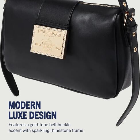 حقيبة يد True Religion East West Crossbody، محفظة كتف بإبزيم حزام مع حزام قابل للتعديل وسحاب إغلاق، شعار ذهبي اللون، أسود in Kuwait