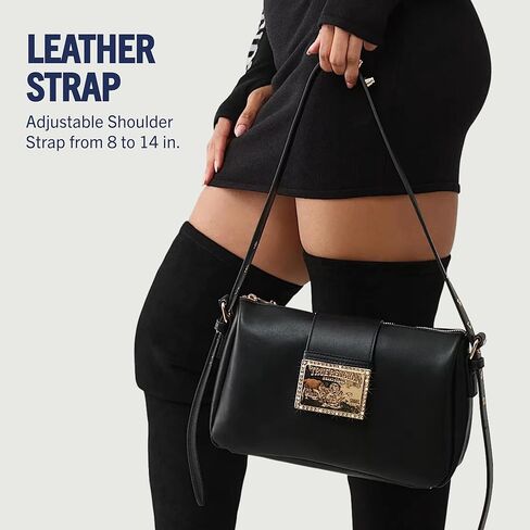 حقيبة يد True Religion East West Crossbody، محفظة كتف بإبزيم حزام مع حزام قابل للتعديل وسحاب إغلاق، شعار ذهبي اللون، أسود in Kuwait