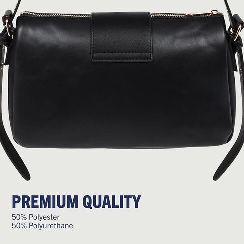 حقيبة يد True Religion East West Crossbody، محفظة كتف بإبزيم حزام مع حزام قابل للتعديل وسحاب إغلاق، شعار ذهبي اللون، أسود in Kuwait