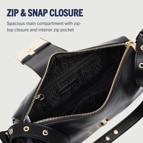 حقيبة يد True Religion East West Crossbody، محفظة كتف بإبزيم حزام مع حزام قابل للتعديل وسحاب إغلاق، شعار ذهبي اللون، أسود in Kuwait
