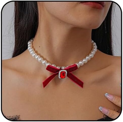 Vintage Pearl Beads Choker Necklace for Women Nancy Square Gemstone Necklace Statement Velour Bow Sequins Necklace Autumn Winter Simple Classic Jewelry in Saudi Arabia