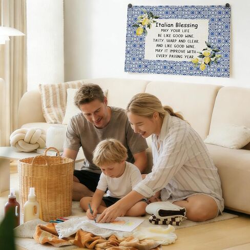 MKYFHSVGD Italian Blessing Banner Canvas Wall Hanging, Italian Home Decor, Blue and White Mediterranean Tiles Lemon Wall Art Decor Hanging Banner Flag for Home Bedroom Living Room, 20x30 Inch in Saudi Arabia