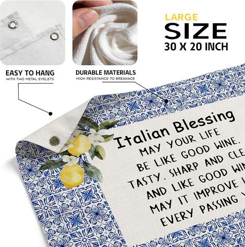 MKYFHSVGD Italian Blessing Banner Canvas Wall Hanging, Italian Home Decor, Blue and White Mediterranean Tiles Lemon Wall Art Decor Hanging Banner Flag for Home Bedroom Living Room, 20x30 Inch in Saudi Arabia