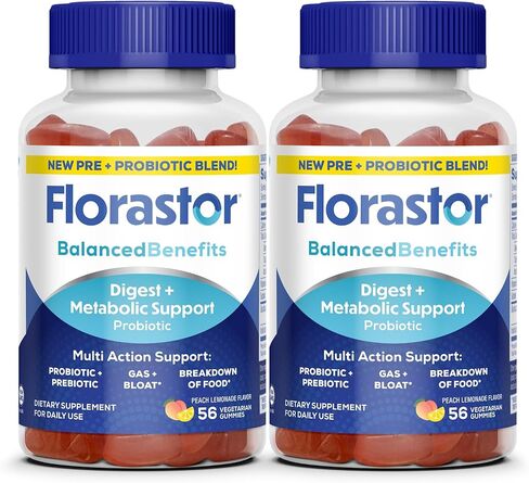 Florastor Digestive and Metabolic Support Probiotic Blend, Prebiotic and Probiotic Gummies for Multi-Action Digestive Health Care, with Vitamin B12, 56 Gummies in Saudi Arabia