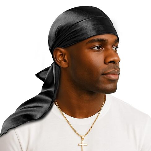 YFONG 100% 22 Momme Mulberry Silk Durags للرجال والنساء، حزام طويل للغاية حريري، مسامي وناعم لـ 360 موجة، مثالي لتغذية شعرك وملابس عصرية، قطعة واحدة، أسود in Kuwait