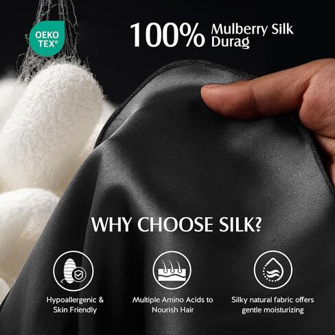 YFONG 100% 22 Momme Mulberry Silk Durags للرجال والنساء، حزام طويل للغاية حريري، مسامي وناعم لـ 360 موجة، مثالي لتغذية شعرك وملابس عصرية، قطعة واحدة، أسود in Kuwait
